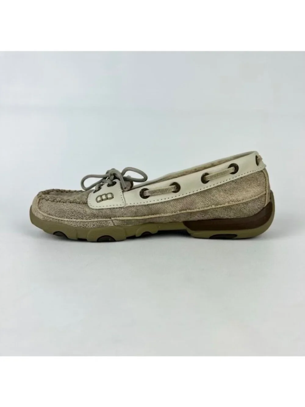 Twisted X Womens Leather Driving Moccasin Loafers Dusty Tan White Shoes size 5.5